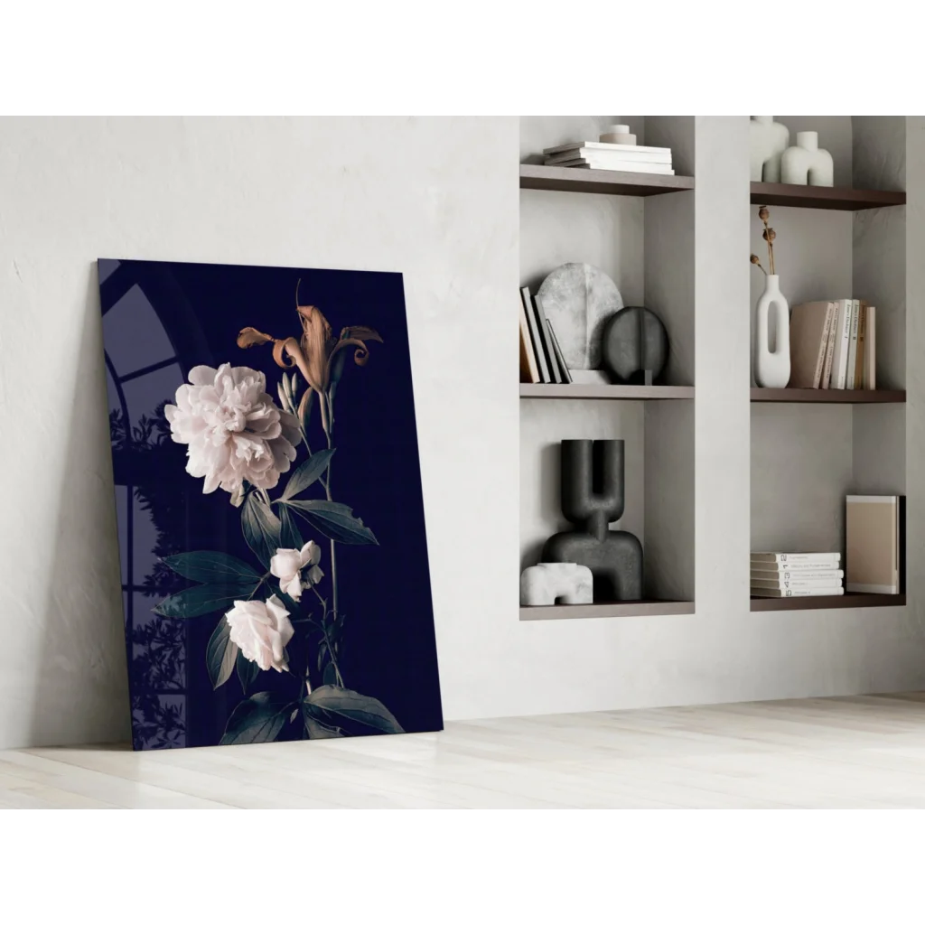 Navy blue floral glass wall art with peonies, pink flowers, green leaves on black
