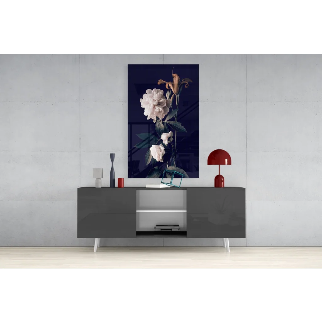 Modern gray TV stand with white legs in Peony glass wall art home