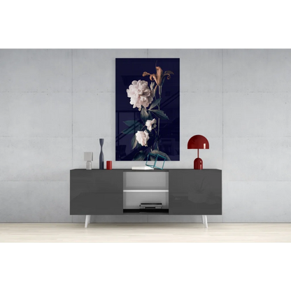 Modern gray TV stand with white legs in Peony glass wall art home