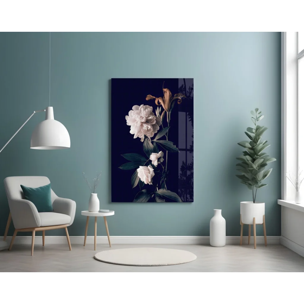 Stunning Peony black floral glass wall art with white flowers