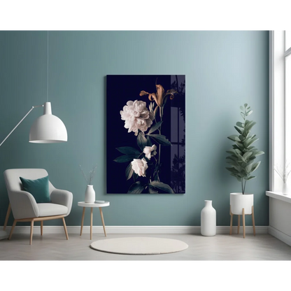 Stunning Peony black floral glass wall art with white flowers
