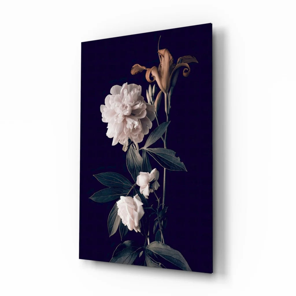 Stunning white peony glass wall art on dark background with green leaves