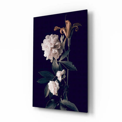 Stunning white peony glass wall art on dark background with green leaves