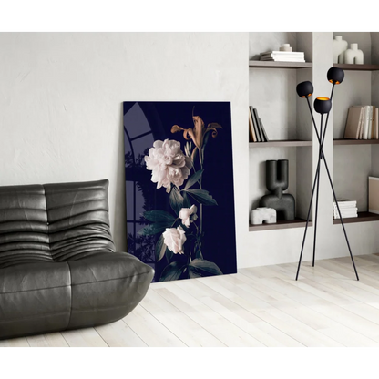 Navy blue floral glass wall art with white peonies and green leaves