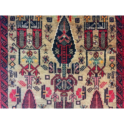 Stunning Persian Baluch rug with wool pile and intricate patterns