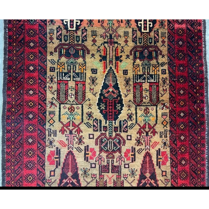Vintage 1970s Persian Baluch rug with geometric patterns on natural wool pile and cotton foundation