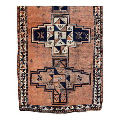 Vintage Persian Luri tribal runner rug in orange and navy geometric patterns