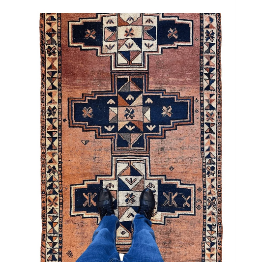 Stunning Persian Luri tribal runner rug with navy, terracotta, cream geometric cross on aged wool