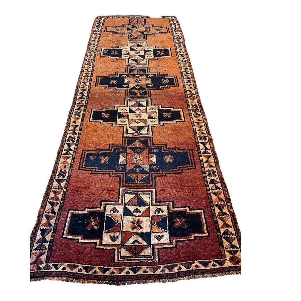 Vintage Persian Luri tribal runner rug in bold orange, red, navy and cream geometrics