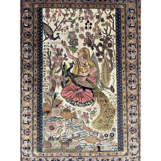 Stunning Persian Peacock Garden Rug with woman and florals
