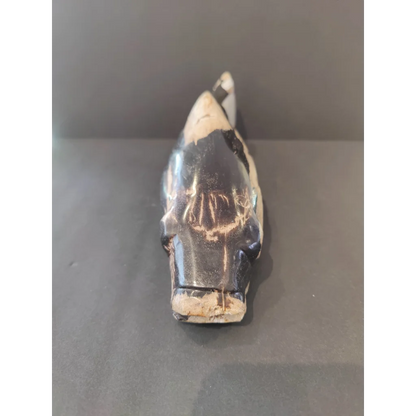 Stylized petrified wood fish sculpture in black and white ceramic