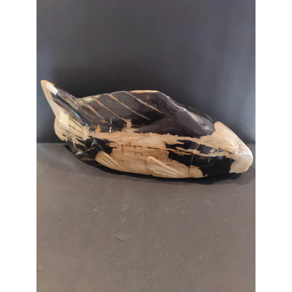 Hand-carved petrified wood fish sculpture with natural finish