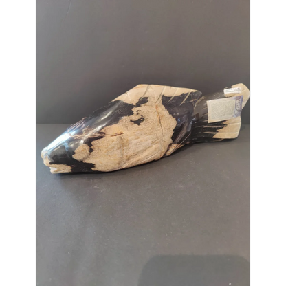 Polished black and cream petrified wood fish sculpture with textured surface