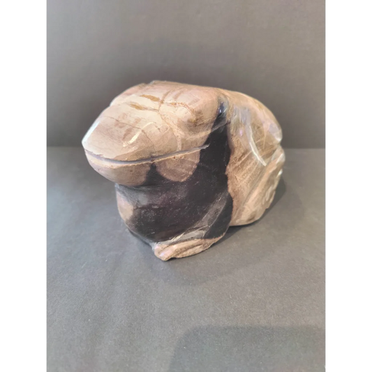 Hand-carved petrified wood frog sculpture in tan and brown tones