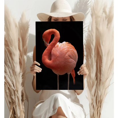 Stunning pink flamingo on black aluminum wall art with detailed feathers