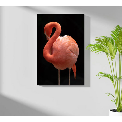 Vibrant pink flamingo canvas print on black aluminum wall art