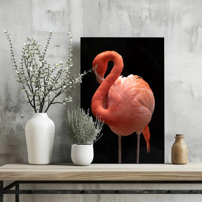 Vibrant pink flamingo on black aluminum wall art poster