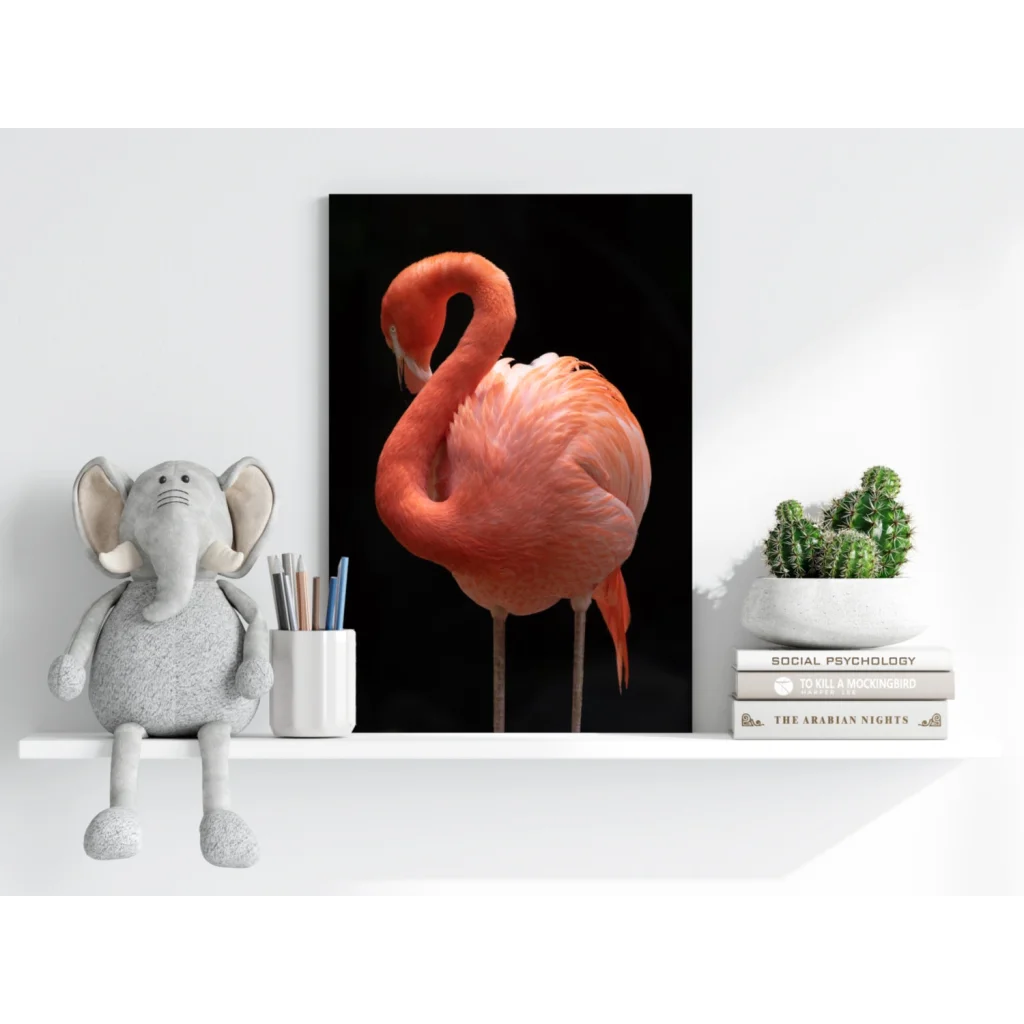 Vibrant pink flamingo portrait on black canvas wall art