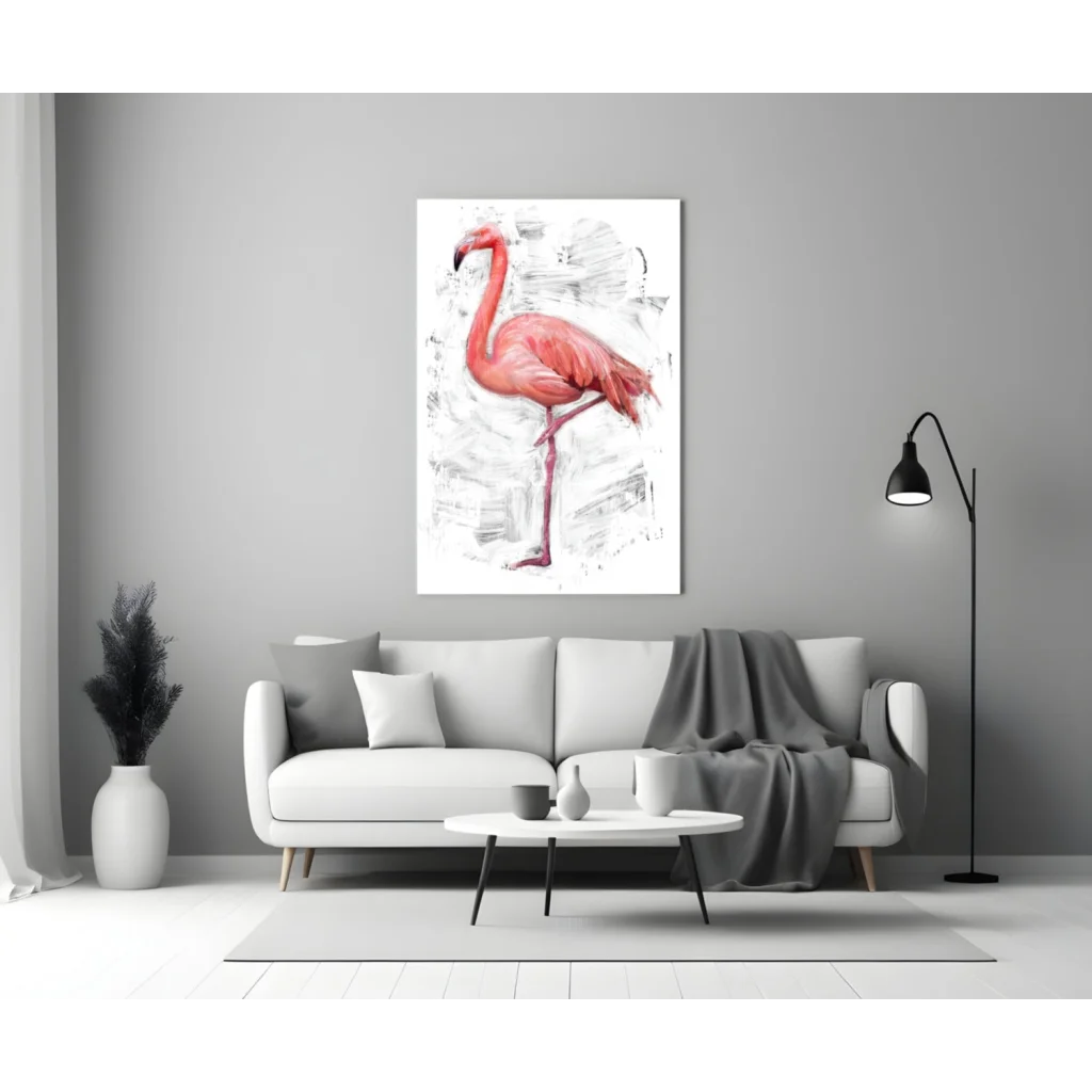 Stunning pink flamingo canvas wall art print with sketch background