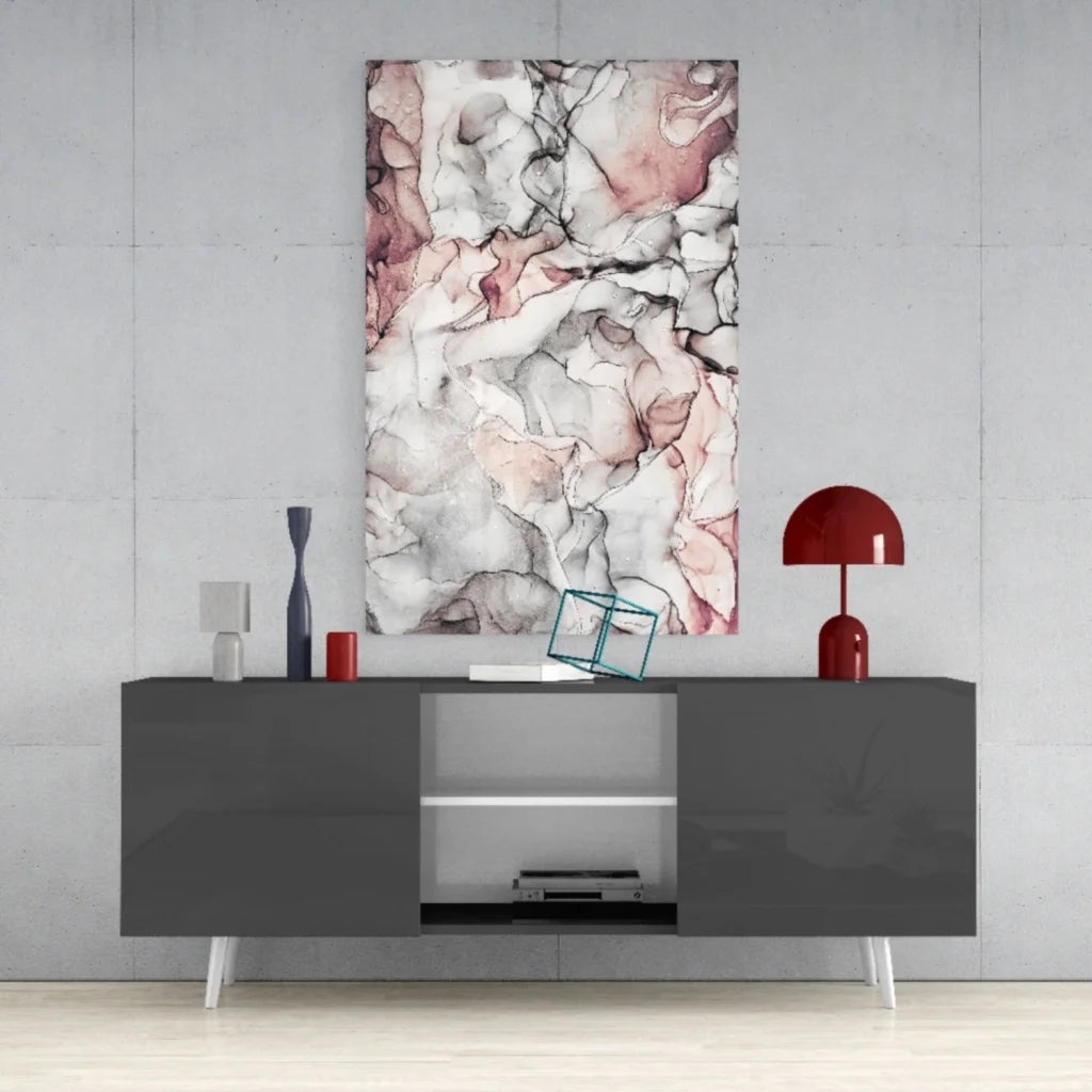 Stunning pink marble glass wall art with swirling abstract patterns