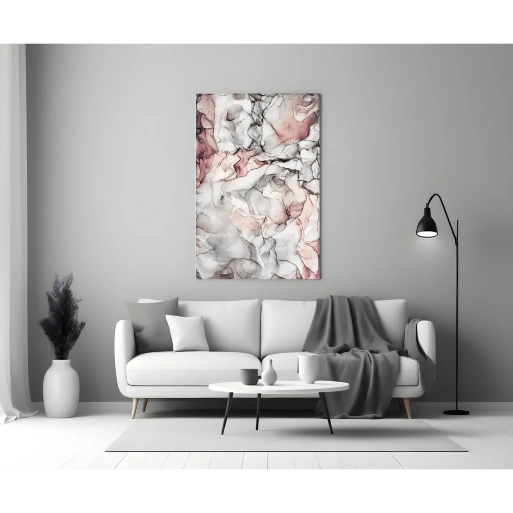 Stunning pink marble glass wall art with flowing abstract swirls