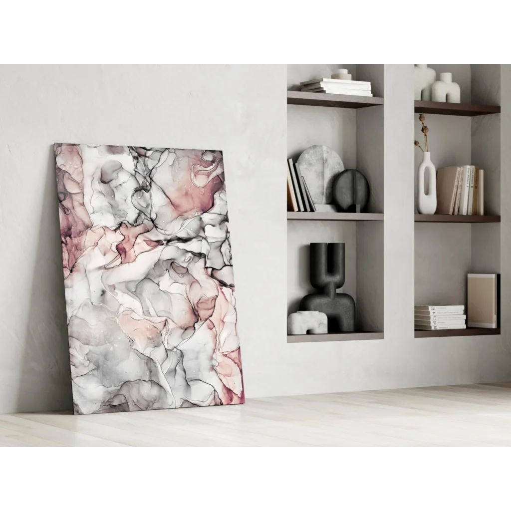 Stunning pink marble glass wall art with flowing abstract swirls