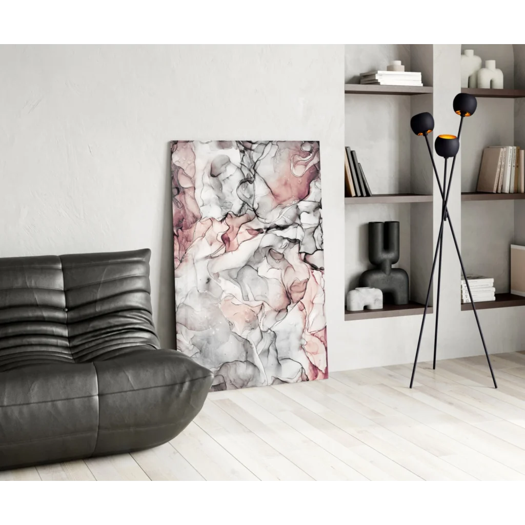 Stunning pink marble glass wall art with flowing abstract swirls