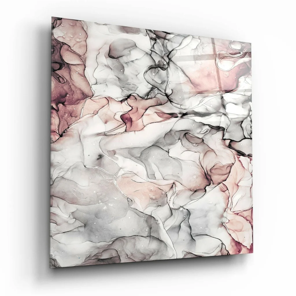 Swirling pink and gray glass wall art with metallic shine