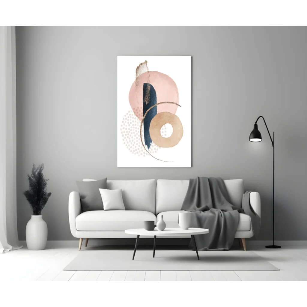 Stunning pink navy gold circle wall art canvas with abstract overlapping shapes