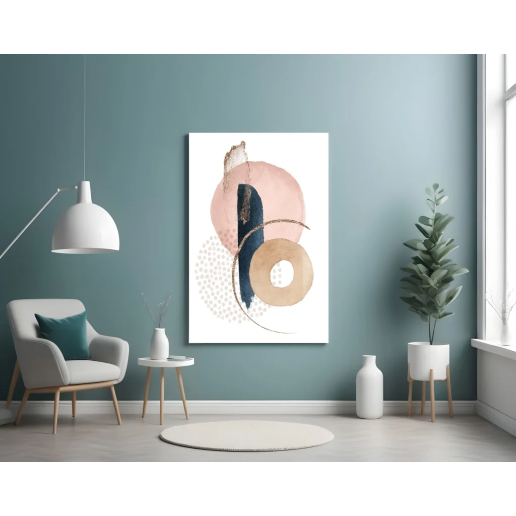 Stunning pink navy gold circle wall art canvas with textured brushstrokes