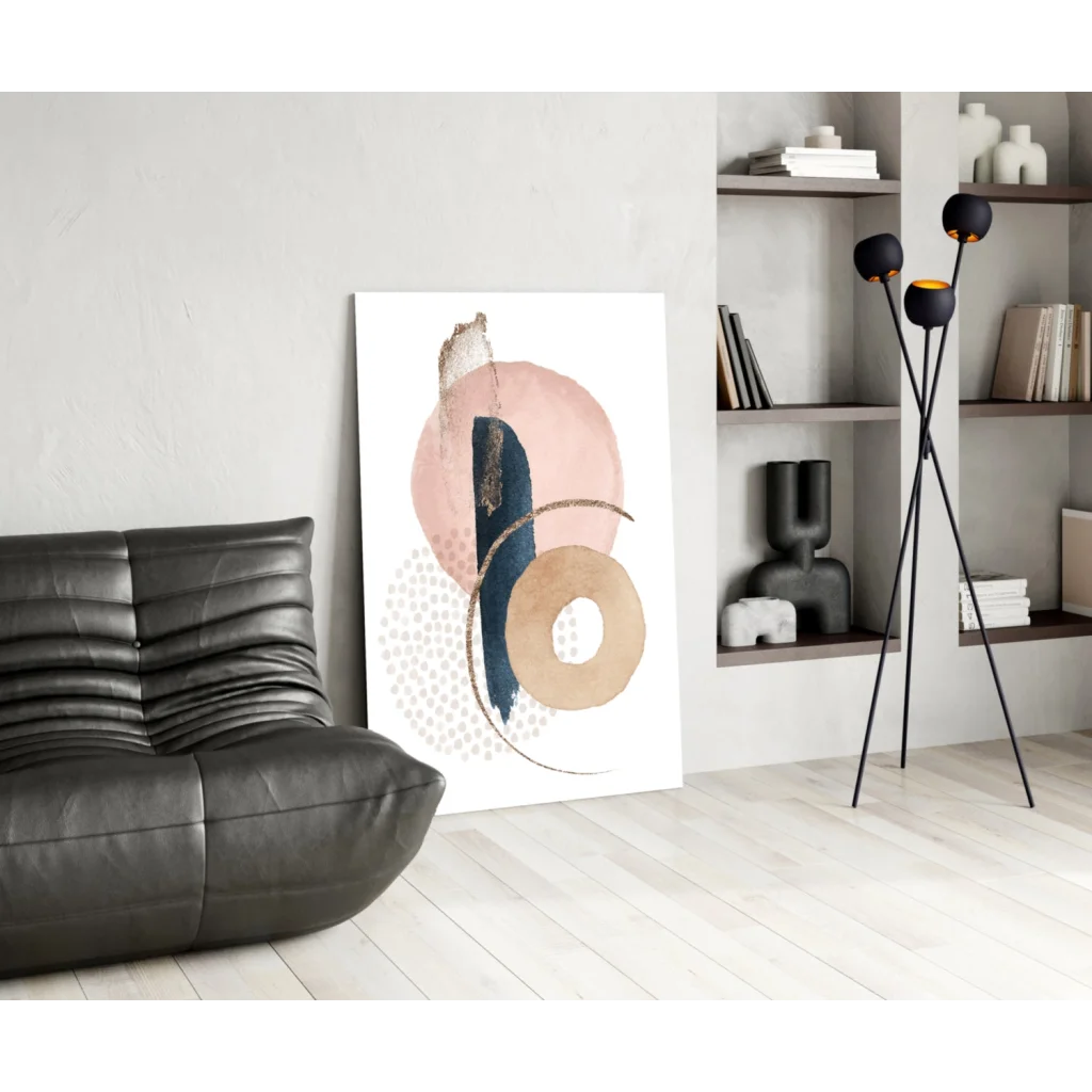 Modern pink navy gold circle wall art canvas with geometric shapes