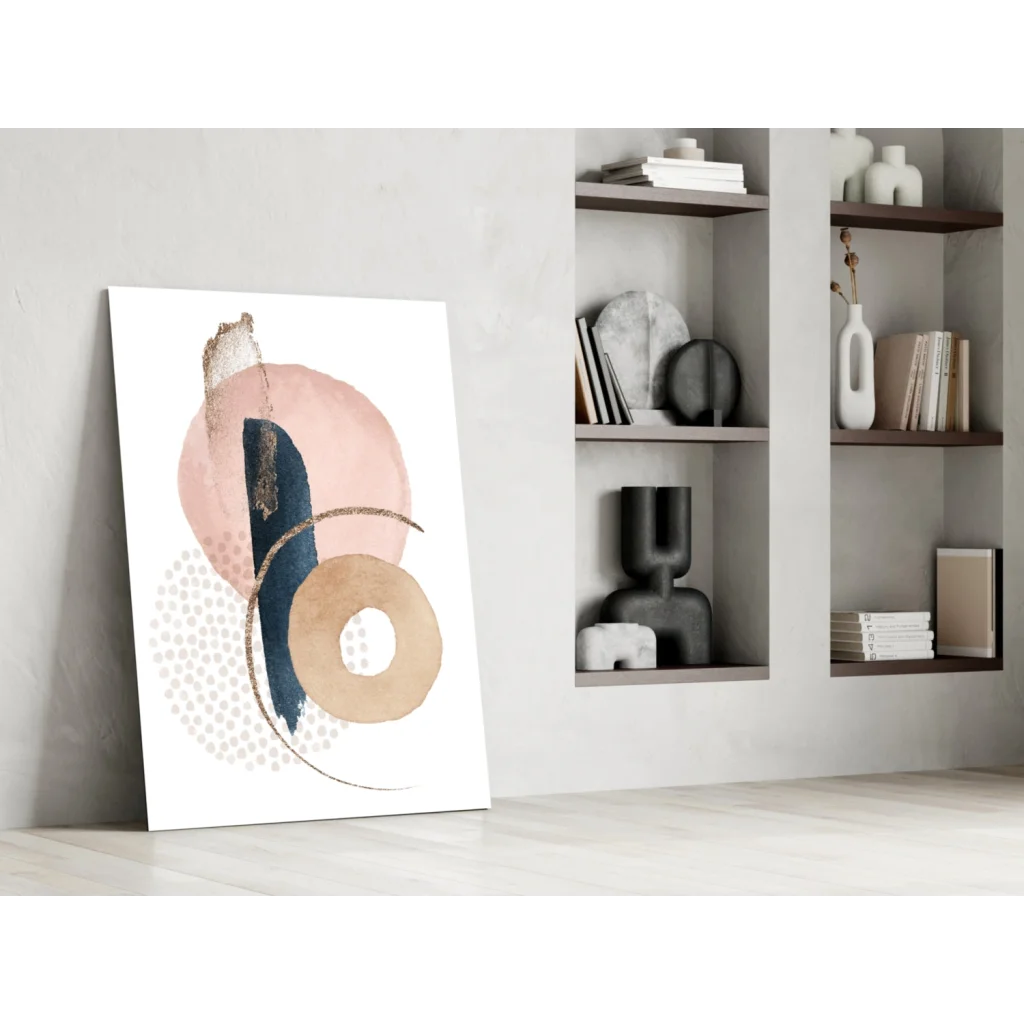 Stunning pink navy gold circle wall art canvas with abstract shapes