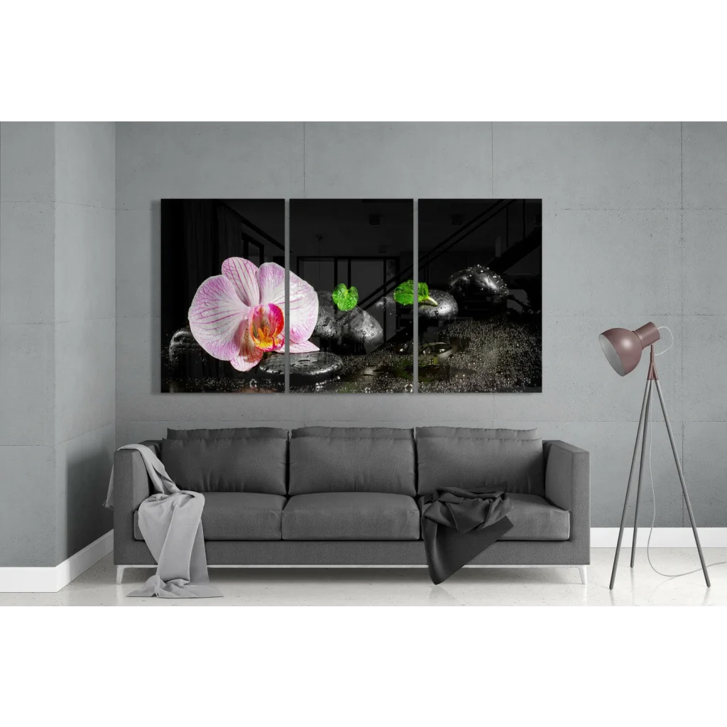 Stunning pink orchid glass wall art triptych with green succulents