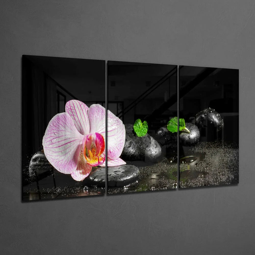 Stunning pink orchid glass wall art triptych with black and white stones