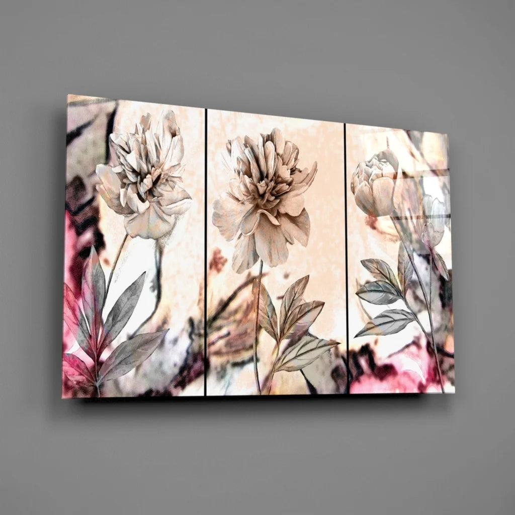 Stunning pink peony triptych floral canvas wall art in muted tones