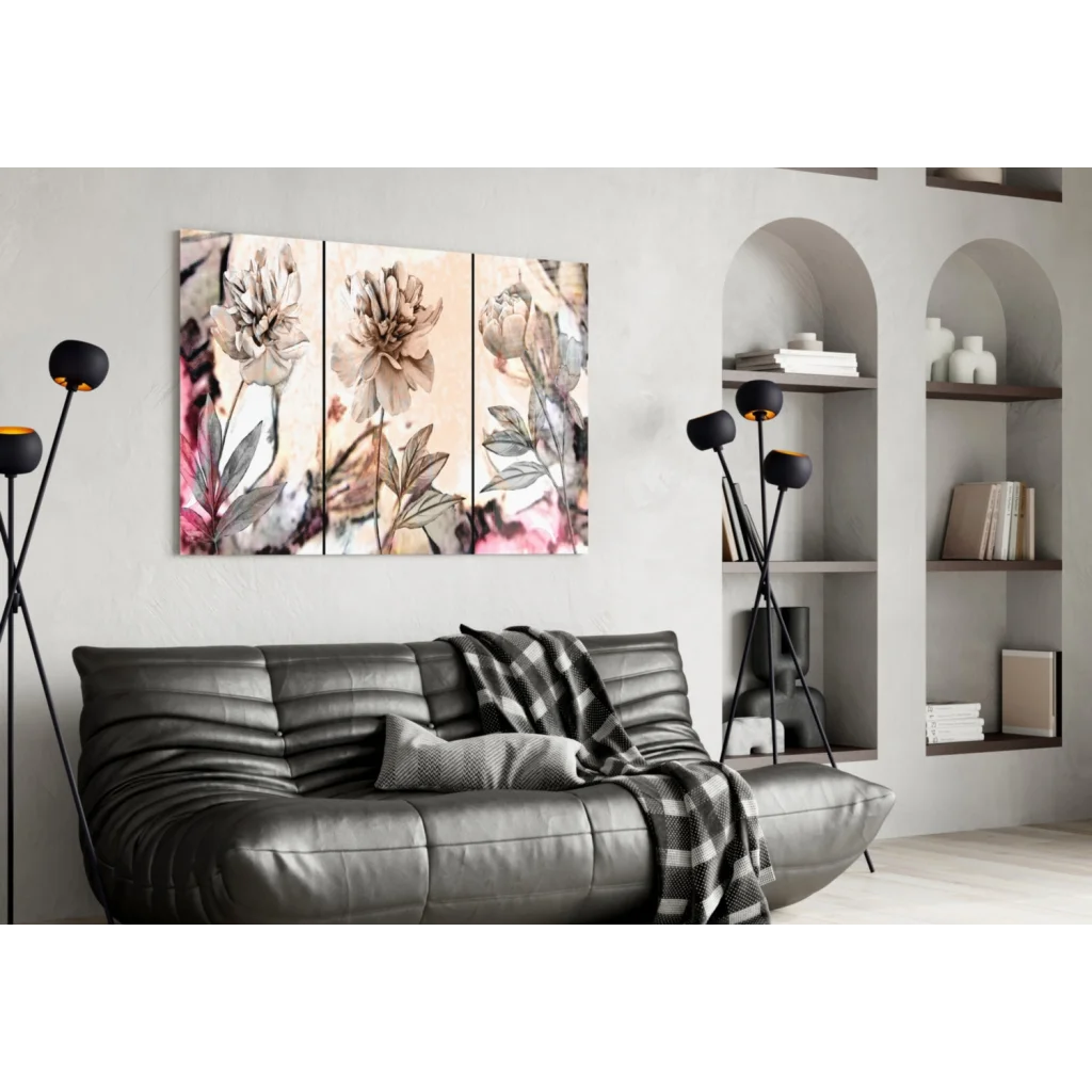 Stunning pink peony triptych canvas wall art with floral panels