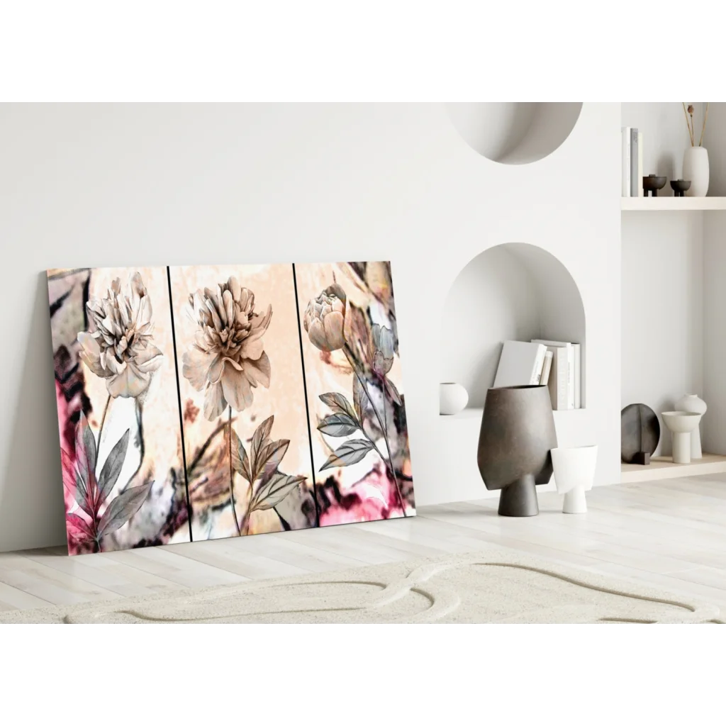 Stunning Pink Peony Triptych Canvas Wall Art in pink beige tones