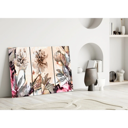 Stunning Pink Peony Triptych Canvas Wall Art in pink beige tones