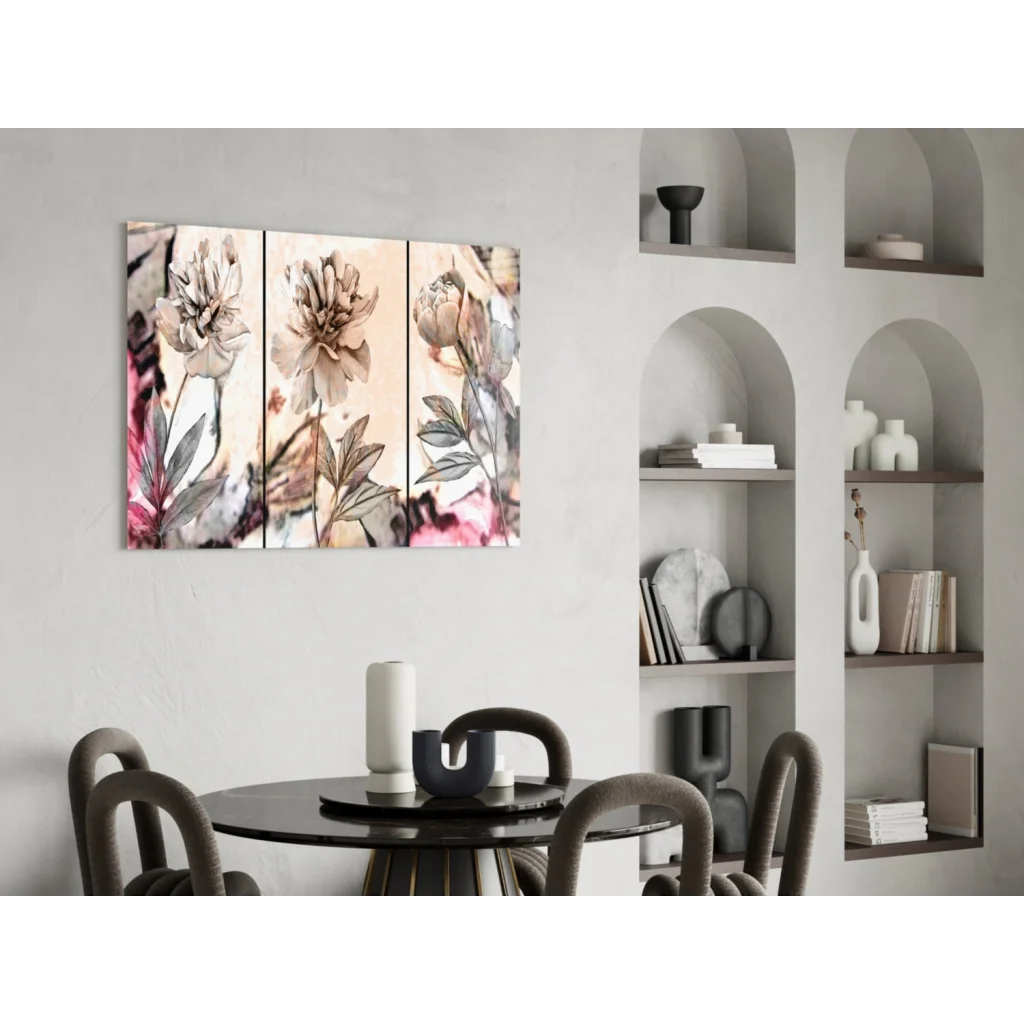 Stunning pink peony triptych canvas wall art in muted tones