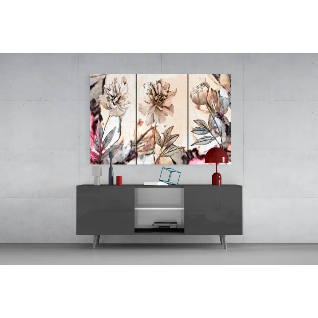 Modern gray sideboard with silver legs under pink peony wall art