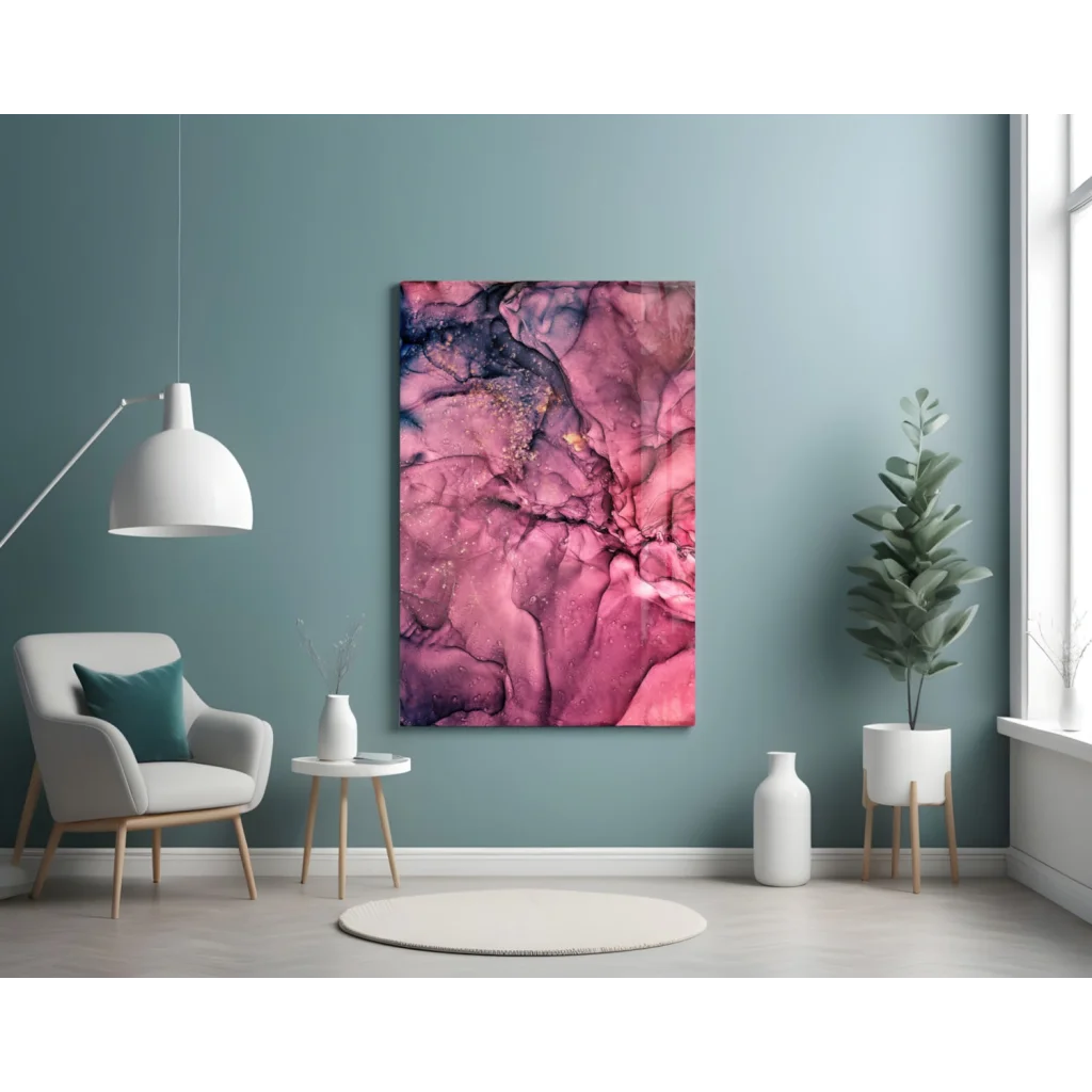 Stunning pink purple abstract glass wall art with glitter accents
