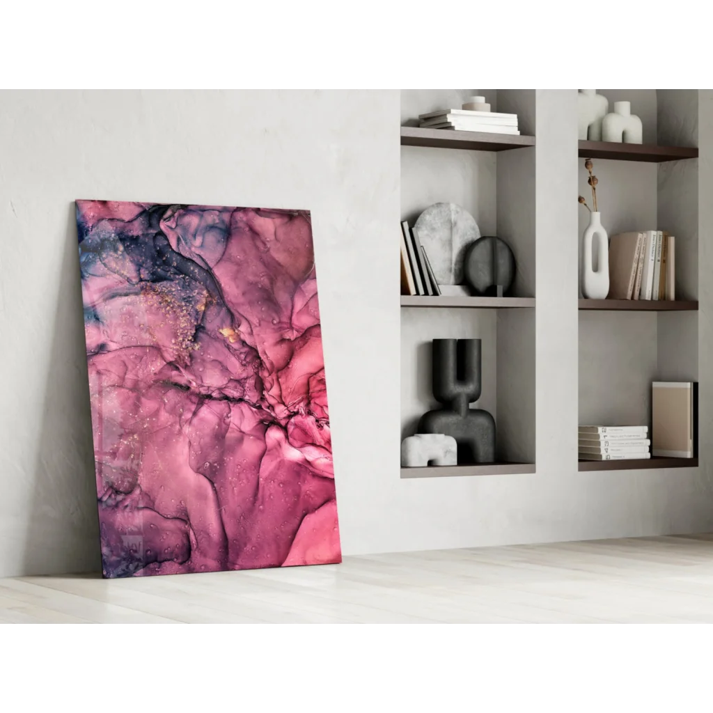 Stunning pink purple abstract glass wall art with glitter accents