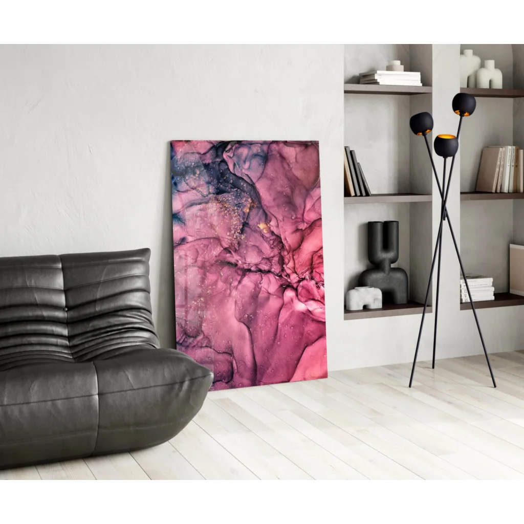 Stunning pink purple abstract glass wall art with glitter accents
