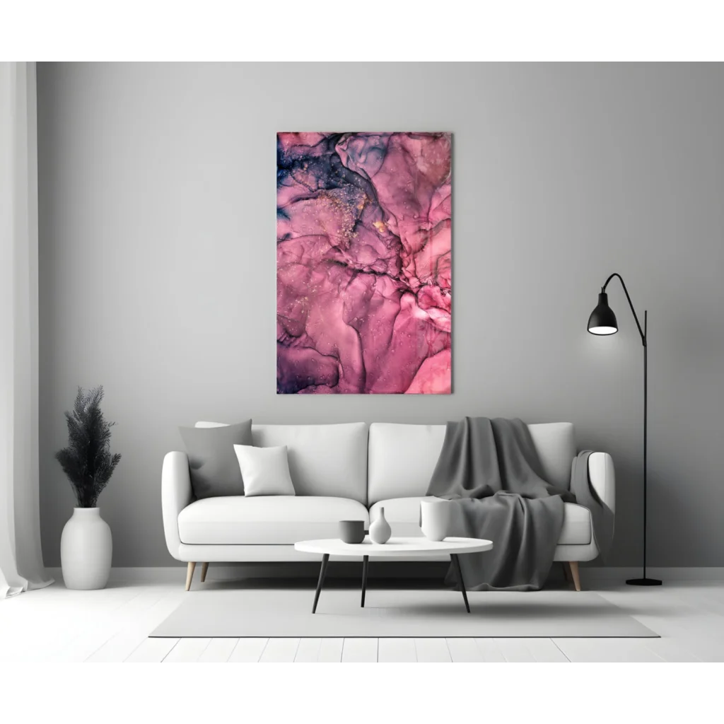 Stunning pink purple abstract glass wall art with glitter accents