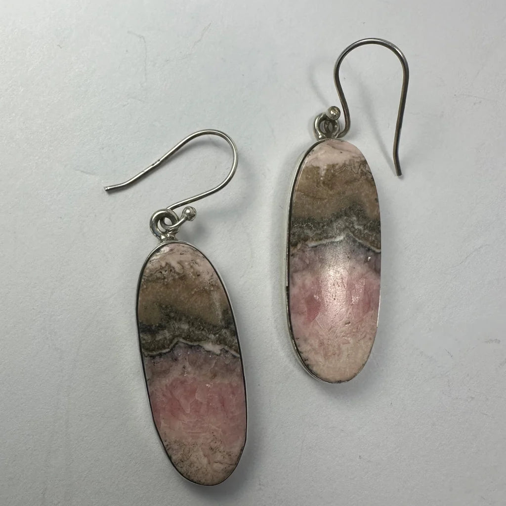 Stunning pink rhodochrosite silver hook earrings with layered stones