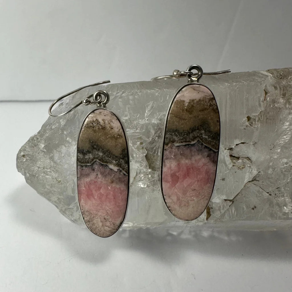 Oval pink and brown rhodochrosite earrings with silver hooks
