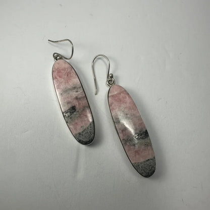 Stunning pink rhodonite earrings with gray stone and silver hooks