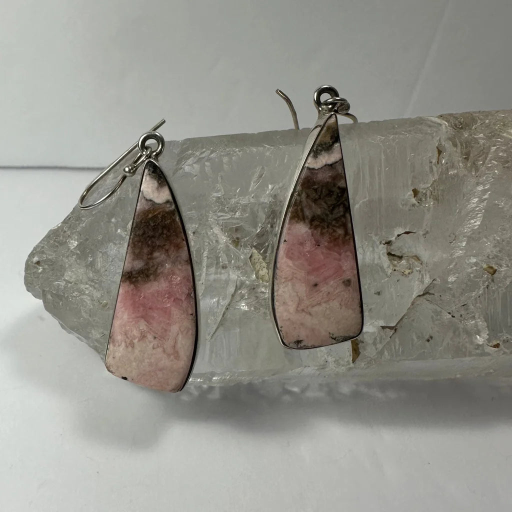 Stunning teardrop pink and brown rhodonite earrings with silver hooks