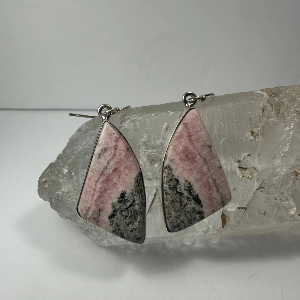 Stunning pink and gray rhodonite earrings with silver hooks