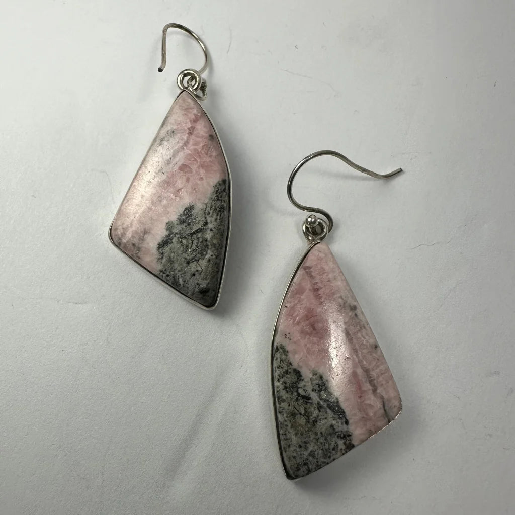 Stunning pink rhodonite earrings with silver hooks